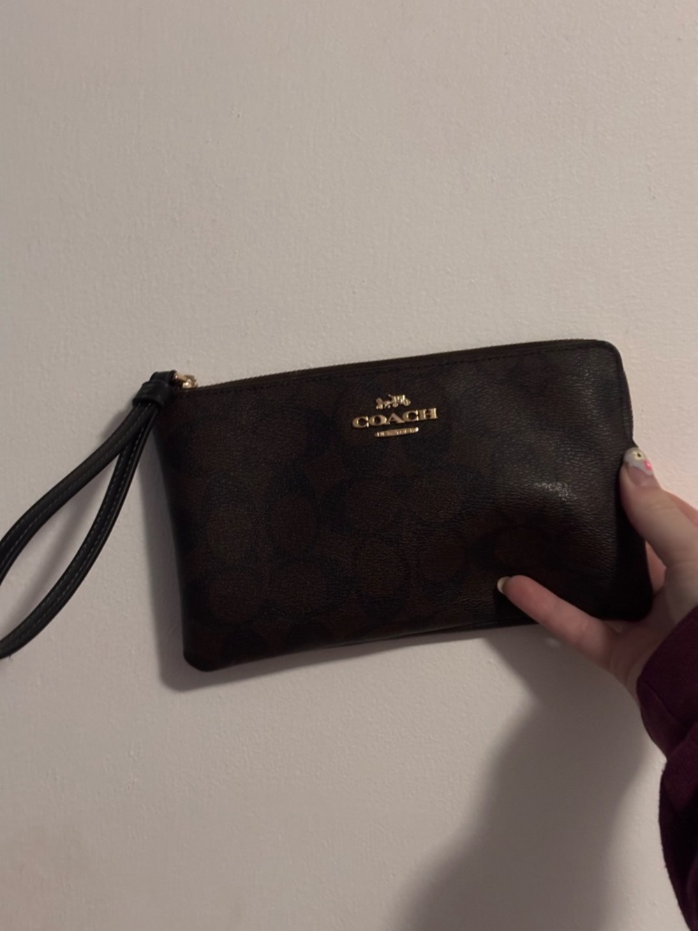 COACH Signature Brown Leather Corner Zip Wristlet